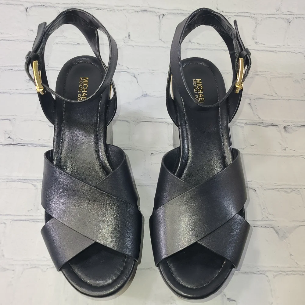 Michael Kors Abbott Mid Wedge Leather Color Black Size 8M
